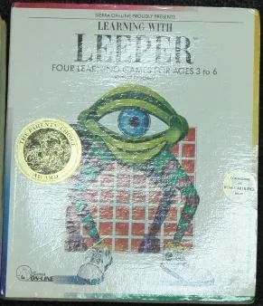 Box art: Learning with Leeper for the Apple ][, Atari 400/800 (disk and cartridge), and Commodore 64 disk and cartridge