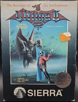 Box art: Ultima II: The Revenge of the Enchantress for the Apple ][, Atari 400/800, IBM PC/PCjr, and Commodore 64
