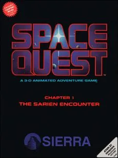 Box art: Space Quest Chapter I: The Sarien Encounter for IBM PC/Tandy 1000, Atari ST, Amiga, and Mac